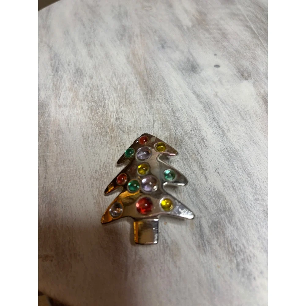 Silver Tone Christmas Tree Brooch Multi Color Cabochon Holiday Pin
